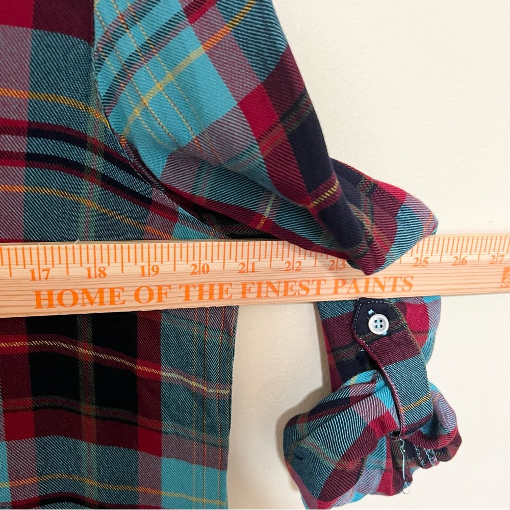 Soft Surroundings M Adeline Button Down Plaid Turquoise Lace Hem Tunic - Picture 7 of 8